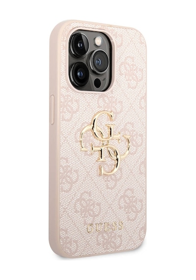 Apple Uyumlu iPhone 15 Pro Max Kılıf Guess Lisanslı Pu Deri Yazı Ve 4g Metal Logolu Desenli Kapak Pembe