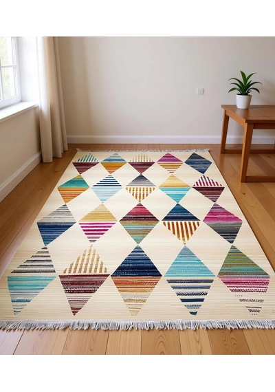 Renkli Geometrik Desenler Tasarım Modern Halı Dekoratif Kilim Bej
