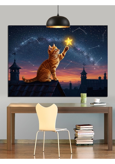 Günbatımı Kedi Ve Yıldız Dekoratif Kanvas - Mdf Ahşap Tablo
