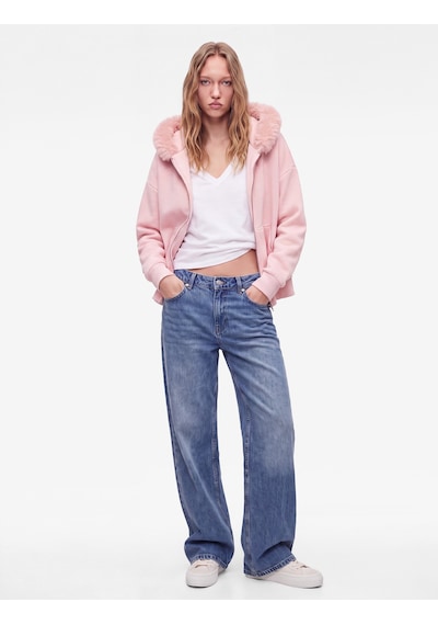 Koton Şardonlu Cepli Rahat Kalıp Uzun Kollu Fermuarlı Suni Kürk Kapüşonlu Sweatshirt Pembe 7wal10302ık Gülkurusu