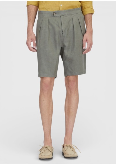 Ramsey Haki Düz Dokuma Carrot Fit Casual %100 Keten Bermuda