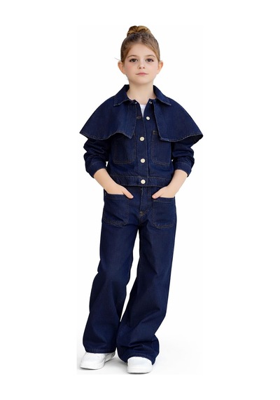 Kız Çocuk 3 Parça Kot Pelerin Detaylı Ceketli Denimtakım 25179 Lacivert