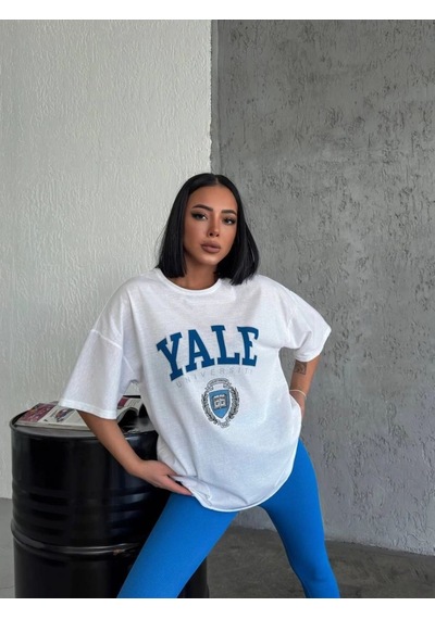 Kadın Kısa Kol Yazlık Tişört Bisiklet Yaka Yale Baskılı T-shirt - Beyaz