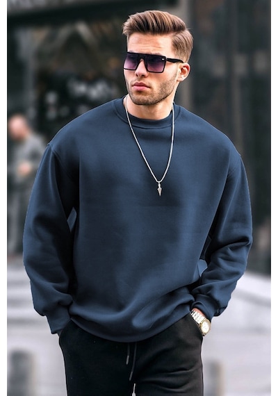 Madmext Bisiklet Yaka Oversize Şardonlu Basic Erkek Sweatshirt 6048 Lacivert