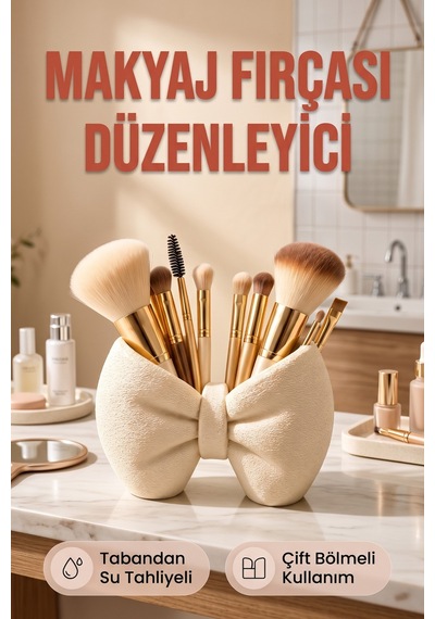 Fiyonk Tasarımlı Makyaj Fırçası Düzenleyici Çift Gözlü Kalemlik Ve Fırçalık Krem
