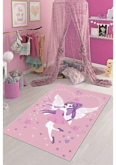 Pembe Kaymaz Tabanlı Yıkanabilir Prensesli Çocuk Halısı Kd67n11