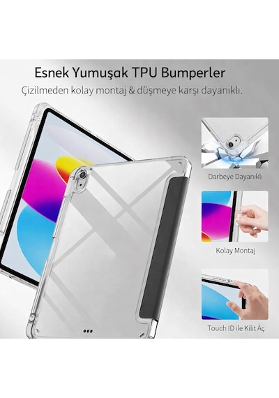 İpad 11.nesil A16 11inç/10.nesil 10.9inç İle Uyumlu Kalem Koyma Bölmeli Ultra Koruma Antişok Yatay Dikey Şekillerde Stand Seçeneği Uyku Modlu New Attractive Hx99 Smart Cover Kılıf Pembe