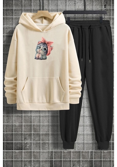Uyguntarz Unisex Sevimli Kedi Eşofman Takımı Bej