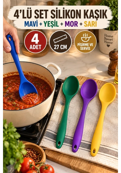 4'lü Set Mavi Yeşil Mor Sarı, Büyük Boy Silikon Kaşık Seti 27 Cm, Mutfak Yemek Pişirme Servis Kaşığı