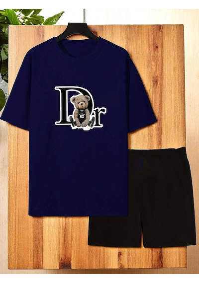 Uyguntarz Unisex Dr. Ayı Tasarım Basklı Tshirt Şort Takımı Lacivert