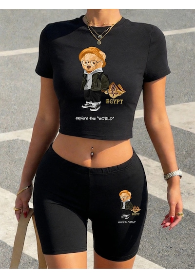 Tarzsokak Yaz Ayısı Dünyayı Keşfedin Baskılı Babby Tees Şort Kadın Seksi İki Parçalı Set Tişörtler Yükse Siyah
