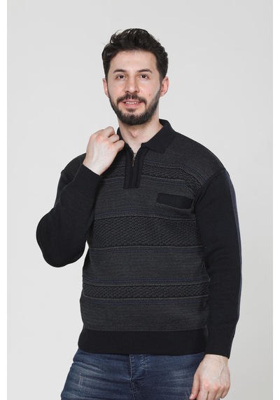 Kzc Tekstil Erkek Baba Orta Yaş Ve Üzeri Triko Örgü Akrilik Kışlık Regular Fit Cepli Fermuarlı Polo Yaka Kazak Lacivert