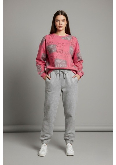 The Kadın Pembe Baskılı %100 Pamuk 3 İplik Şardonsuz Sweatshirt - Normal Kalıp Basic Bisiklet Yaka Pembe The Kadın Pembe Baskılı %100 Pamuk 3 İplik Şardonsuz Sweatshirt - Normal Kalıp Basic Bisiklet Yaka Pembe