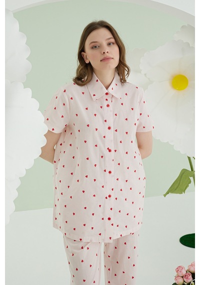 Nbb Kadın Pembe Kalpli Önden Düğmeli Pijama Takım