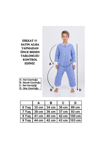 Cantoy Erkek Çocuk Uyku Tulumu 6-9 Yaş Kalın Elyaf Dolgulu Premium Kalite 2.5 Tog-gök Mavisi Mavi