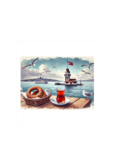 Simit Çay Manzara Kız Kulesi Dekoratif Mdf Tablo