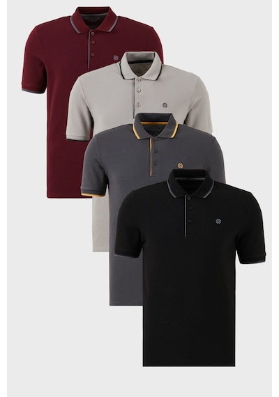 Buratti Pamuklu Slim Fit Şerit Detaylı Düğmeli Polo Yaka 4'Lü Paket Erkek T Shirt 5902118S4 Siyah-Vişne-Antrasit-Taş