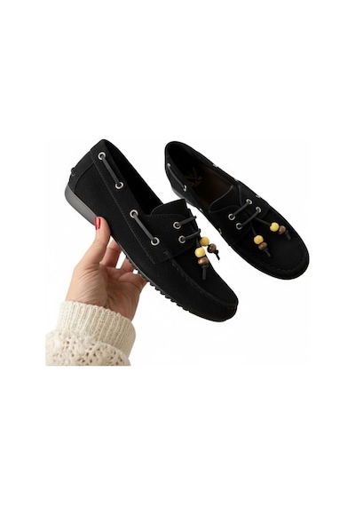 Ne&ve Shoes Siyah Süet Hakiki Deri Boncuklu Makosen Kadın Kolej Loafer