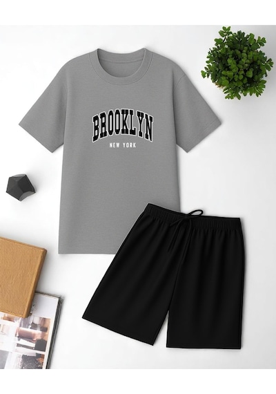 Uyguntarz Unisex Brooklyn Baskılı Tasarım Şort Takım Gri