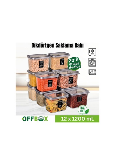 Offbox Dikdörtgen Bakliyat Baharat Gıda Saklama Kabı - 1.2 Lt. - 12 Adet Antrasit Şeffaf
