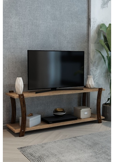 Doğal Çam Ahşap Raflı 120cm Tv Ünitesi - Minimalist Medya Sehpası