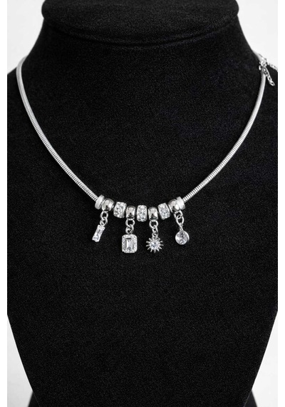 Işıltılı Baget Taşlı Ve Yıldız Figürlü Charm Kolye Gümüş