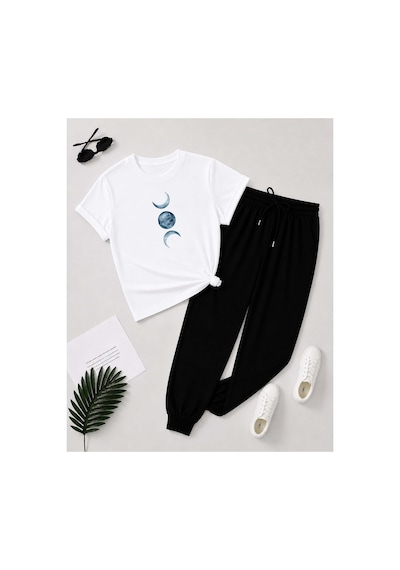 Herkesemoda Ay Baskı Detaylı T-shirt Eşofman Takımı Beyaz