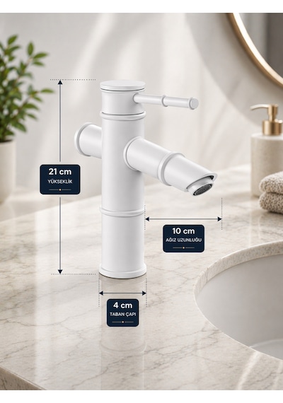 Premium Bambu Beyaz Banyo Lavabo Bataryası Çeşmesi Musluğu Modern Musluk