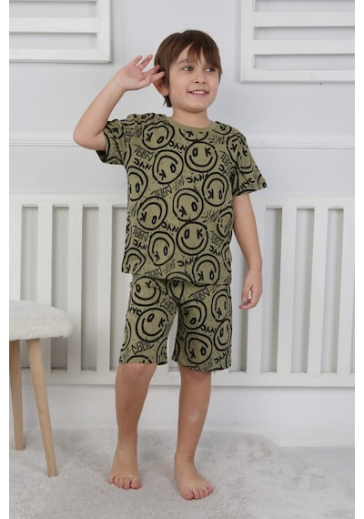 Bunny Hopp Şortlu Erkek Çocuk Pijama Takımı %100 Pamuk Desenli Yazlık 3-8 Yaş Siyah - Yeşil