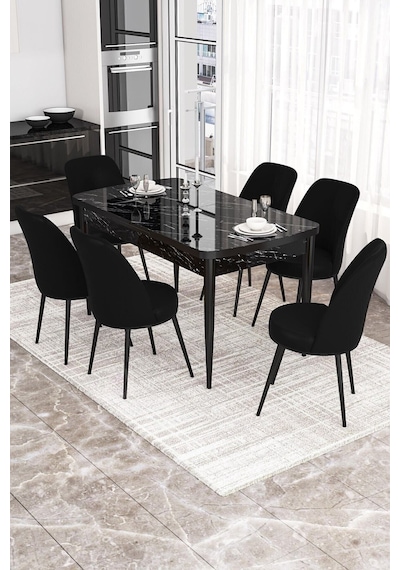 Canisa Concept Kor Serisi, 70x114 Açılabilir Yemek Masası Takımı, Siyah Mermer Desen Masa Ve 6 Siyah Sandalye Masa Siyah Mermer Sandalyeler Siyah Canisa Concept Kor Serisi, 70x114 Açılabilir Yemek Masası Takımı, Siyah Mermer Desen Masa Ve 6 Siyah Sandalye Masa Siyah Mermer Sandalyeler Siyah