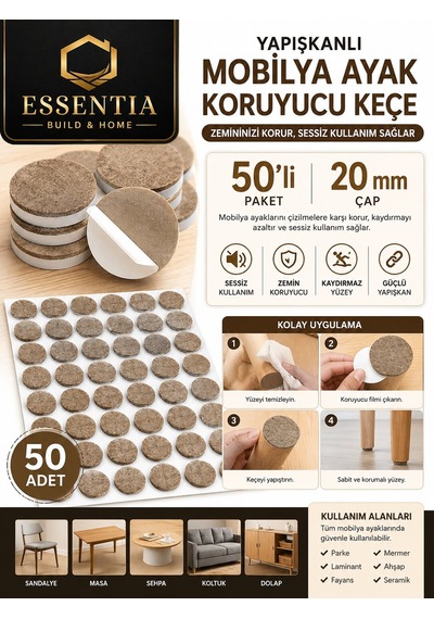 20 Mm Yapışkanlı Mobilya Ayağı Keçesi 50'li Sessiz Kullanım Ve Zemin Koruyucu Kahverengi