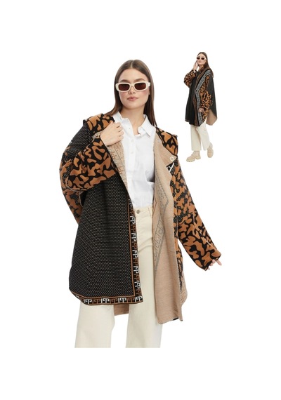 Kadın Büyük Bedene Uygun Kapüşonlu Kışlık Kalın Leopar Desenli Panço Leopar Kahve Kahverengi