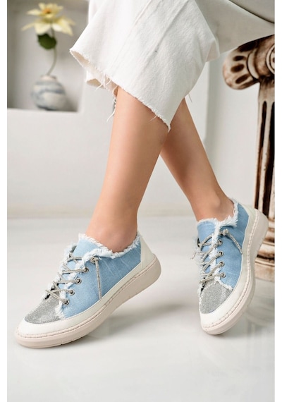 Craft Moda Neva Taşlı Düz Taban Kadın Kot Sneakers Mavi