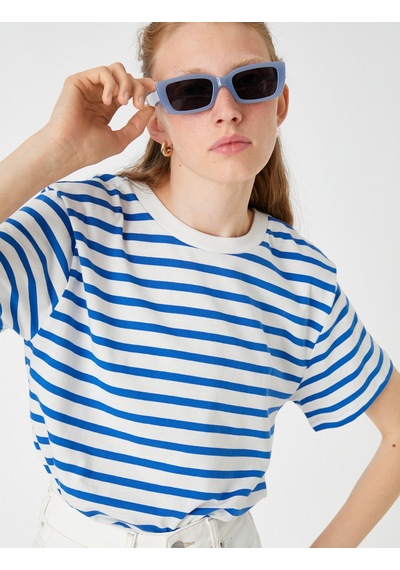 Koton Oversize Basic Tişört Mavi Çizgili 2spk10001uk Mavi