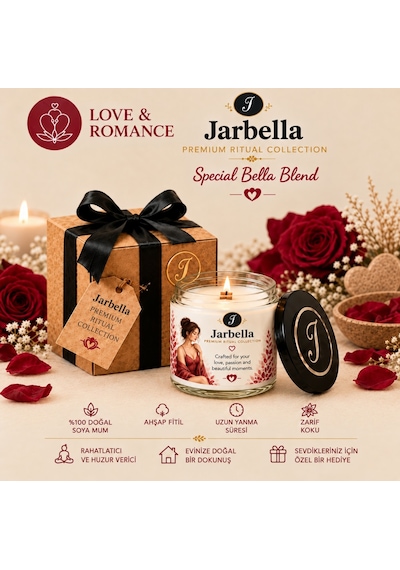 JARBELLA Premium Seri, LOVE & ROMANCE, Aşk ve Romantizm, %100 Soys Mumu, El Yapımı, Ahşap Fitil, 220 gr, Özel Koku Harmanı, Ev ve Hediye İçin İdeal