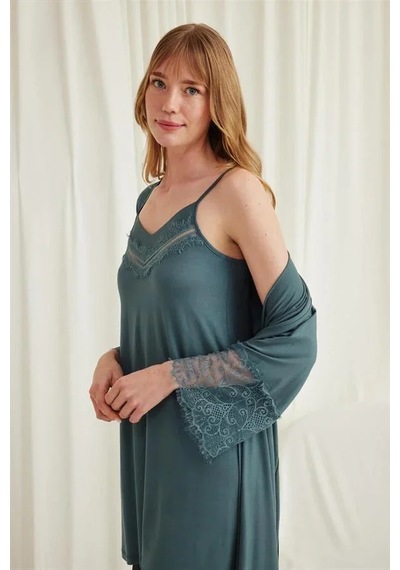 Ang Butik Kadın Dekolteli Yakası Ve Kolu Dantelli Sabahlık Takımı Yeşil