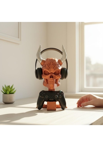 Happy3dworld Siber Kafatası Kulaklık Ve Kumanda Standı, 3d Baskı Bakır-gümüş Metalik