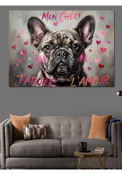 Kalpli Fransız Bulldog Köpeği Portresi Dekoratif Kanvas - Mdf Ahşap Tablo