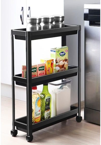 Omaş Household Product Siyah Tekerlekli Dikdörtgen 3 Katlı Raf Ünitesi - Banyo Mutfak Düzenleyici Organizer Siyah