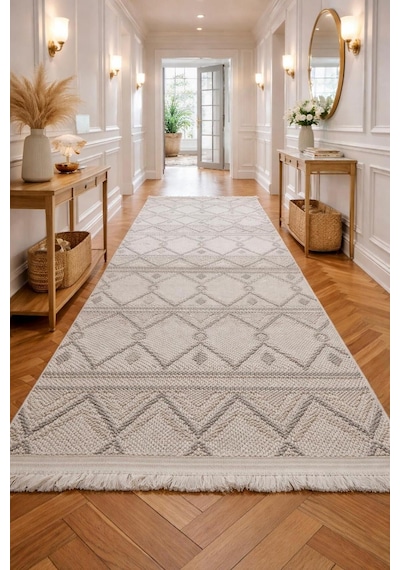 Leiva Home Monaco 0038 Krem Gri Bohem Sisal Bukle Yumuşak Özel Kesim Salon Koridor Mutfak Yolluk Saçaklı Halı 0160a-krem/gri