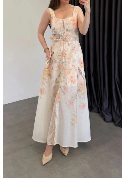 Asprinfashion Kadın Çiçek Desenli Kemerli Düğme Detaylı Midi Elbise İthal Kumaş Bej