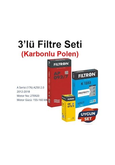 Netparset Mercedes A Serisi 176 A250 2.0 2012-2018 Filtron 3'lü Filtre Seti Karbonlu -270920