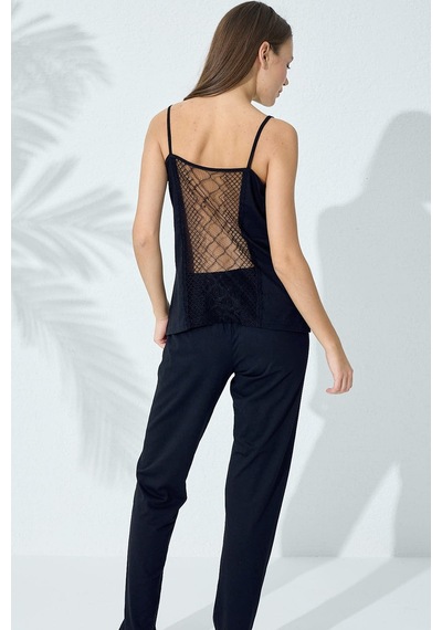 Siyah İnci Pamuklu Ip Askılı Dantelli Pijama Takım Lacivert