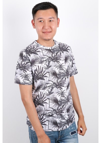 Rich Erkek Bisiklet Yaka Baskılı T-shirt %100 Pamuk Tişört Gri