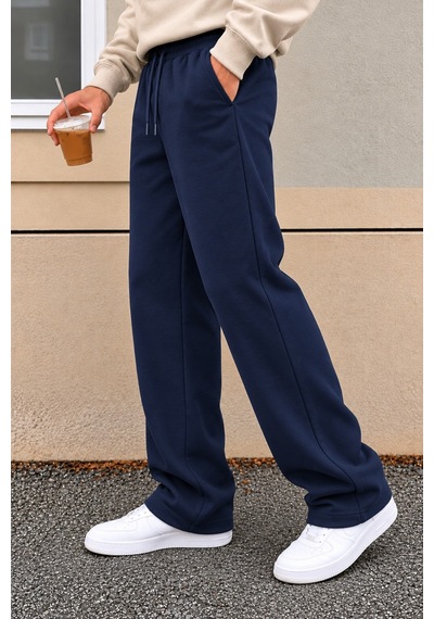 Tarz Cool Erkek Oversize Baggy Fit Eşofman Altı %100 Pamuk 3 İplik Şardonlu Bol Paça Rahat Kesim Lacivert