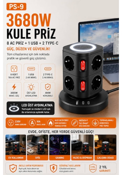 3680w Kablosuz Şarjlı Kule Priz 8 Ac Priz 1 Usb 2 Type-c Akım Korumalı Topraklamalı Çoklu Priz Ev Ofis Bilgisayar Gaming Şarj İstasyonu Ps-9