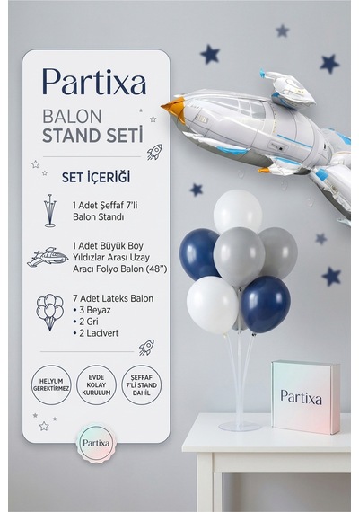 Büyük Boy Yıldızlar Arası Uzay Aracı Balon Stand Seti Şeffaf 7 Li Stand + Uzay Aracı Folyo Balon 48 + 7 Lateks Balon