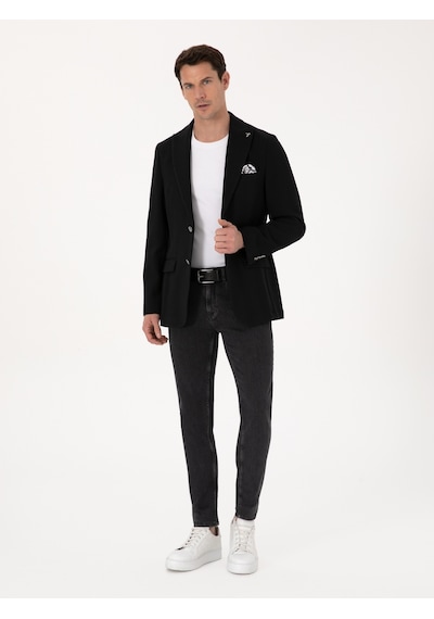 Cacharel Siyah Slim Fit Yün Karışımlı Kırlangıç Yaka Balık Sırtı Blazer Ceket
