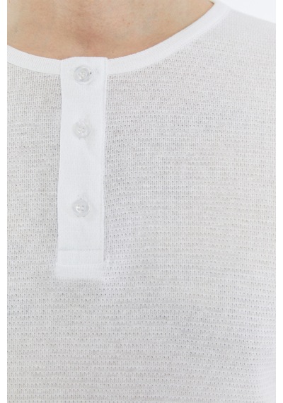 Erkek Henley Yaka %100 Pamuklu Dokulu Kumaştan Kısa Kollu Günlük Basic Tişört Beyaz