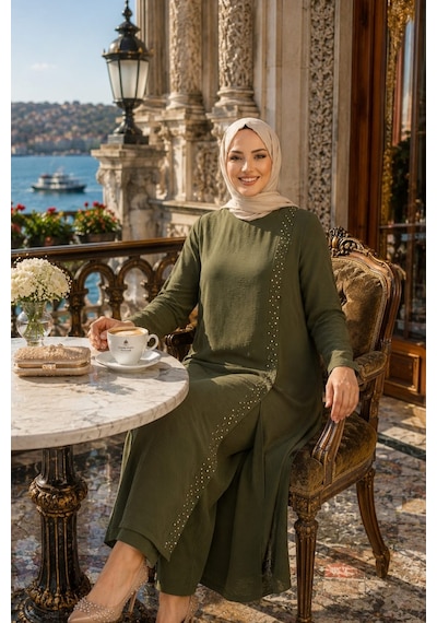 Hb Harma Time Butik Kadın İnci İşlemeli Haki Tunik-pantolon İkili Takım Haki Haki